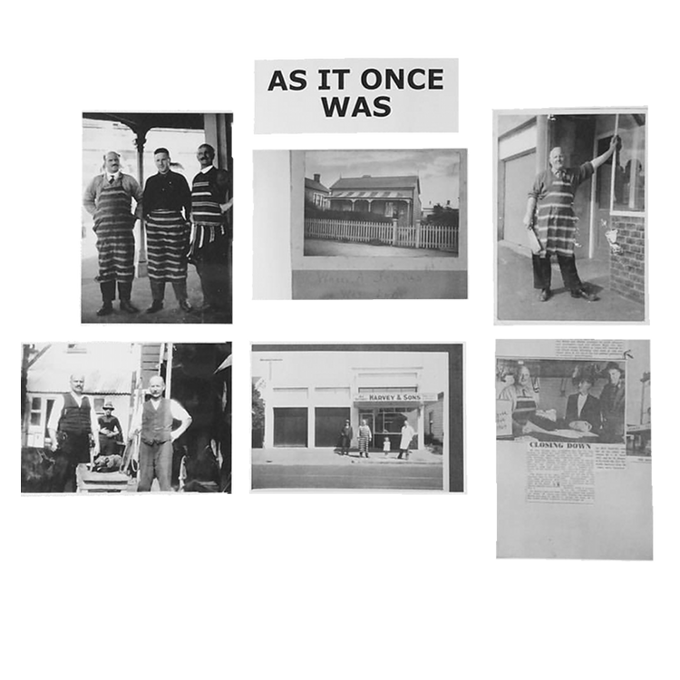 6 pictures in a grid. The left hand pictures top three male butchers ready to work, bottom the men at work. The middle top and bottom show the house and shop in the 1930's the right hand side top Gavin great uncle the butcher and bottom newspaper article 