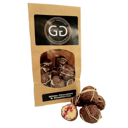 white chocolate and raspberry truffles in a bag