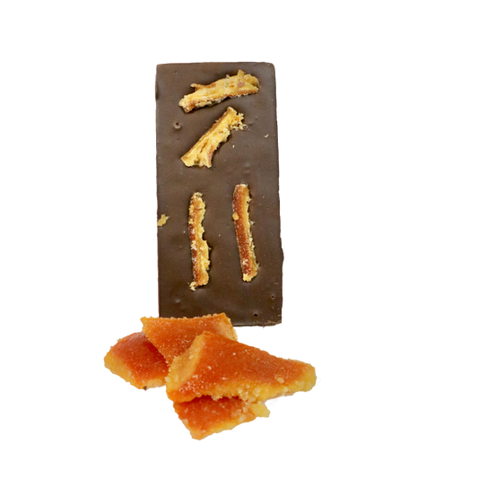 Chocolate bar topped with crystalline orange
