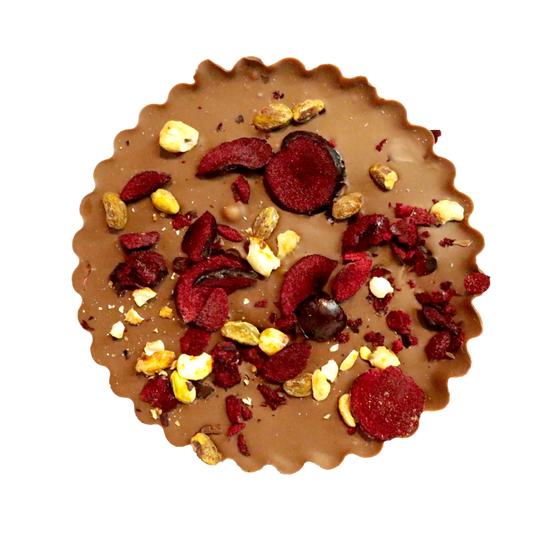 Freeze dried Fruit and berries on a delectable chocolate disk