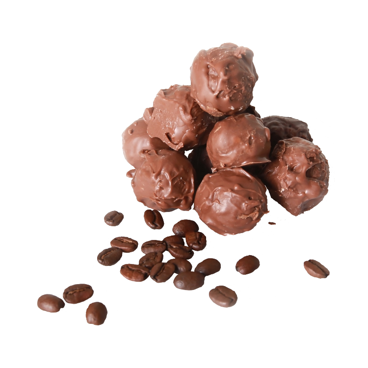 A pile of Coffee Chocolate Truffle with coffee beans scattered around.