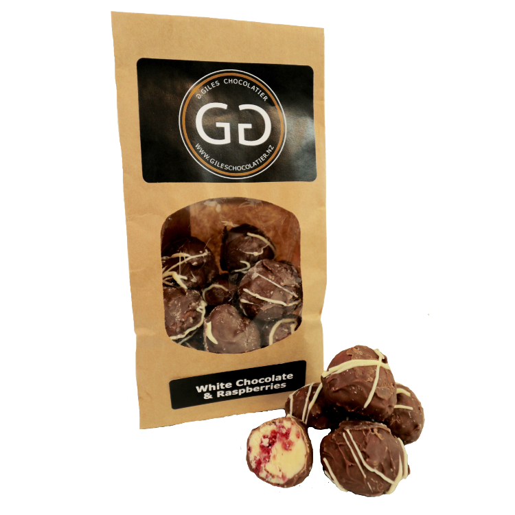 white chocolate and raspberry truffles in a bag