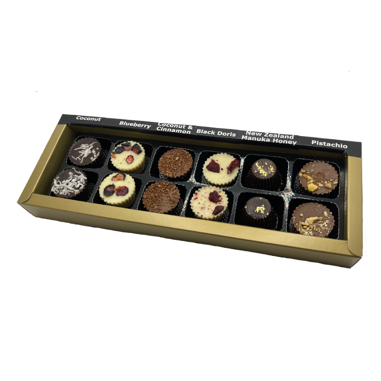 Gold box containing 12chocolate bon bons with a pair of each bon bons.