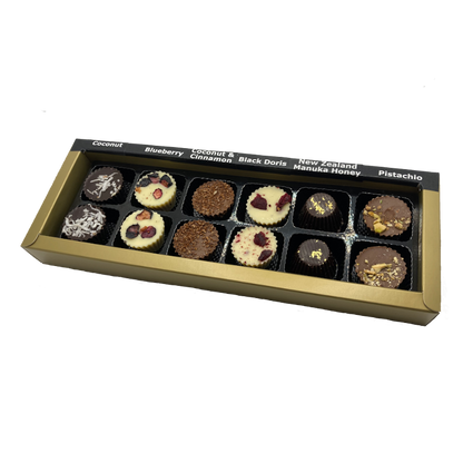 Gold box containing 12chocolate bon bons with a pair of each bon bons.