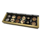 Gold box containing 12chocolate bon bons with a pair of each bon bons.