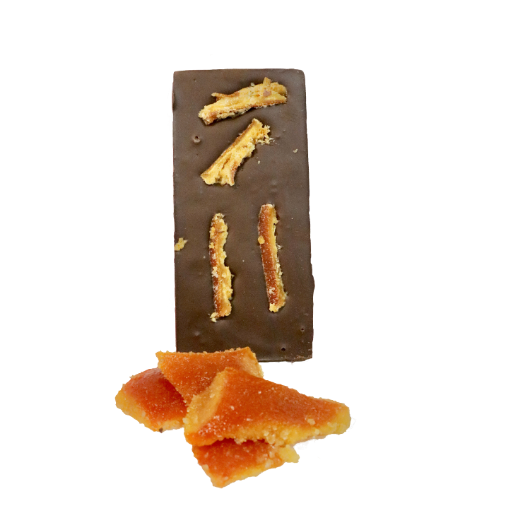 Chocolate bar topped with crystalline orange