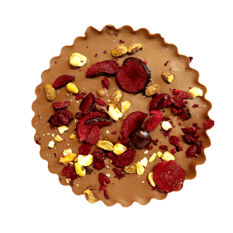 Freeze dried Fruit and berries on a delectable chocolate disk